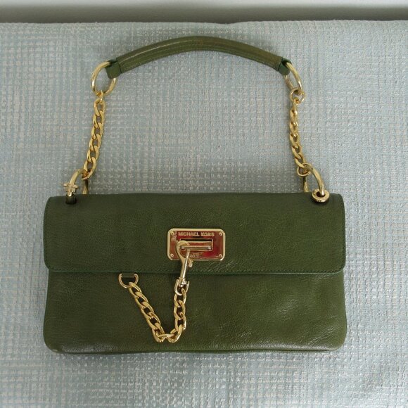 Michael Kors Genuine Leather Rectangular Medium Sz Shoulder Bag Green Gold *Flaw - Picture 3 of 15